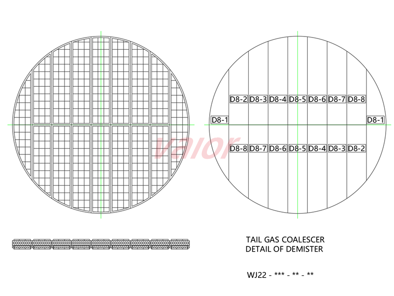 A drawing of demister constructed with three density layers, used in a vertical coascer tower.