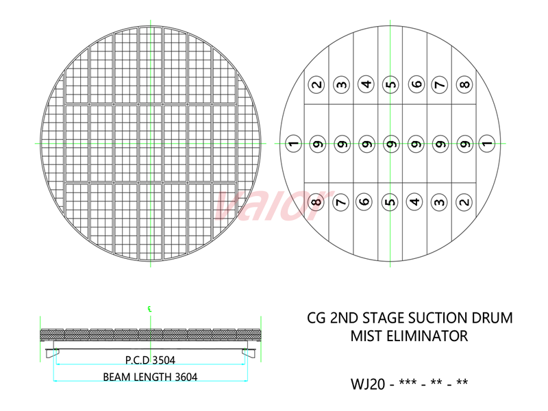 A demister drawing for cracked gas suction drum. Its support beam is not in the center.